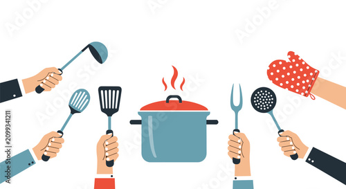 Many hands holding various kitchen utensils like spatulas ladles and spoons around a large cooking pot with steam coming out of it.