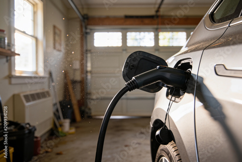 Electric car charging port connected to charger in a home garage