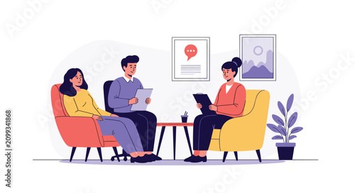 Compassionate therapist conducts a psychological counseling session with a couple in a comfortable office.