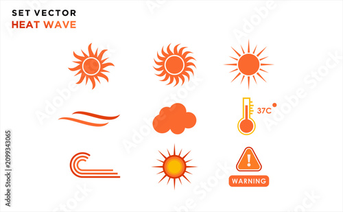 Heat Wave Logo Design Vector Set with Sun Thermometer Warning Hot Weather Climate Temperature Icons Collection Modern Flat Isolated Illustration
