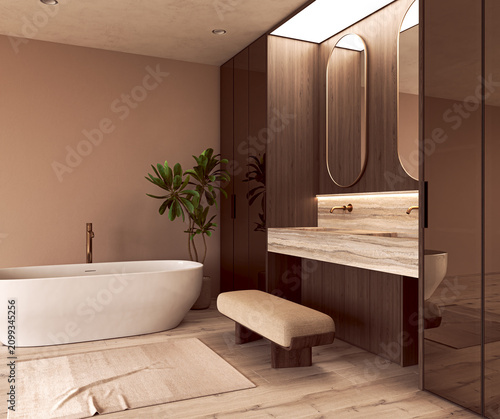 Freestanding bathtub in a japandi bathroom with travertine vanity and upholstered bench