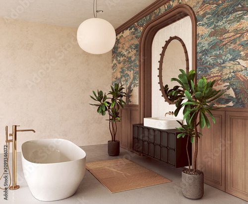 Freestanding bathtub in a vintage bathroom with forest tapestry wallpaper and brass faucet