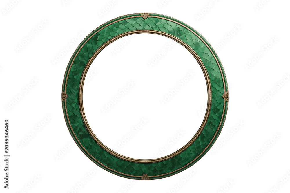 Fototapeta premium Ornate round frame with emerald green dragon scale texture and golden border, creating a fantasy or mythical aesthetic