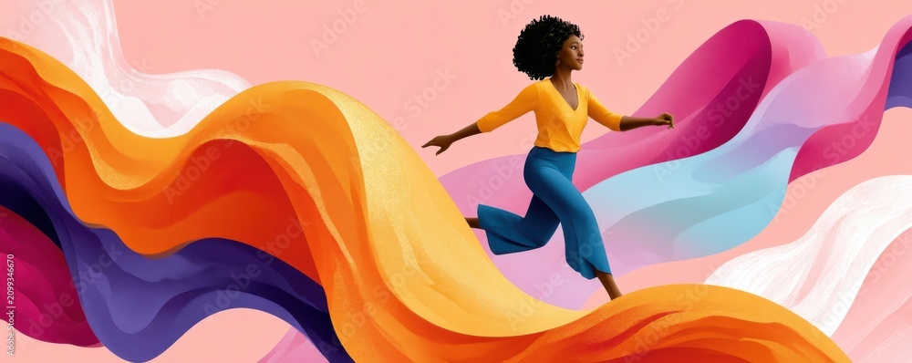 Obraz premium Woman leaping through colorful flowing ribbons in a vibrant digital illustration of freedom and movement