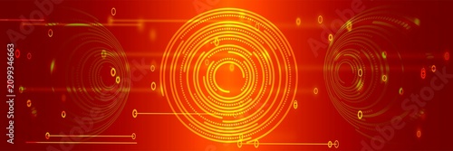 A futuristic digital interface with circular holographic elements on a dark background. High tech, data analysis, and cybernetics. HUD illustration.