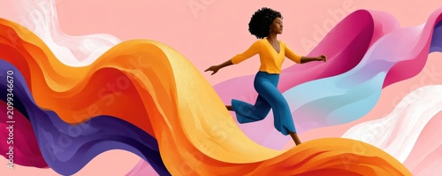 Woman leaping through colorful flowing ribbons in a vibrant digital illustration of freedom and movement