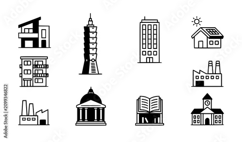 City building and real estate line icon set featuring modern skyscraper tower, residential house, eco solar home, library, government court, and industrial factory structures.