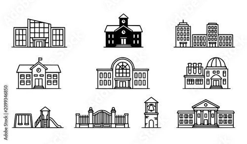 School and university building line icon set featuring campus architecture, college hall, playground slide, library, observatory, clock tower, and education facility structures.