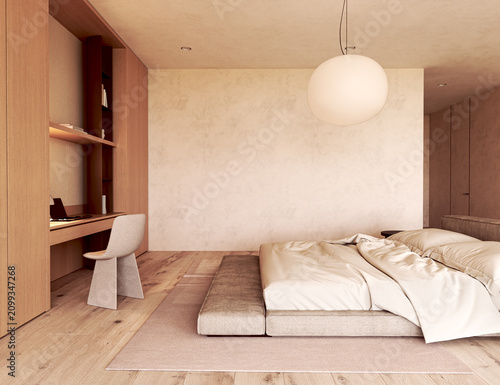 Platform bed in a warm scandinavian japandi bedroom with empty wall mockup template