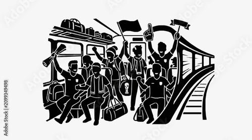 Foto Black and white illustration of a crowded protest scene.