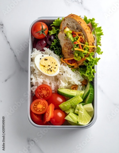 Colorful vegetable and tofu bento box lunch.