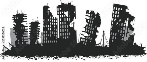 Tableau sur toile Destroyed City Skyline Silhouette, Urban Disaster Vector Illustration for Apocal