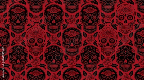 Seamless pattern of ornate sugar skulls and roses on red background