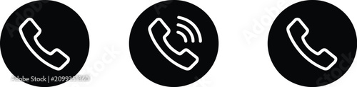 Phone handset line icon, black circle telephone symbol, call communication, contact button, customer support, mobile app interface, isolated on white background.