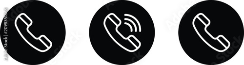 Konstfotografi Phone, handset line icon, black circle call symbol, telephone receiver, communication sign, contact service, digital interface, web and app design, isolated on white background
