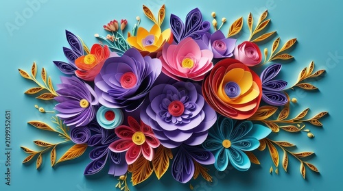 Colorful paper quilling flower bouquet on a soft blue background