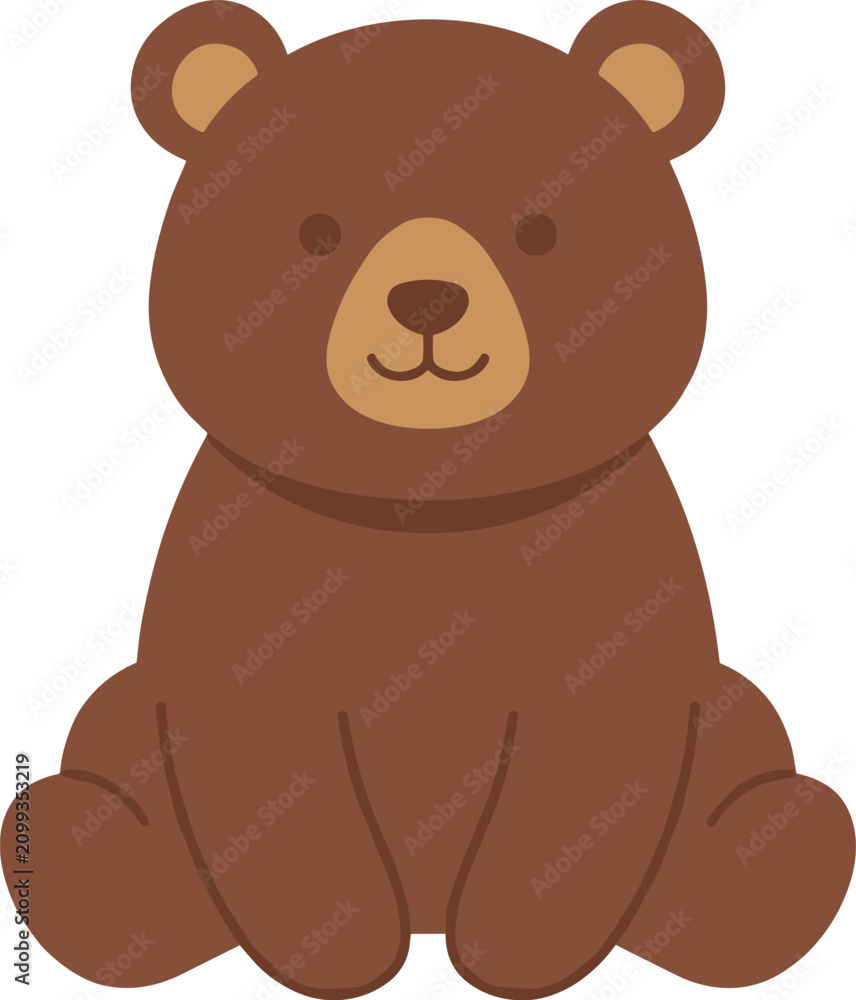 Fototapeta premium Cute brown bear sitting down, simple cartoon of a friendly forest animal on a white background