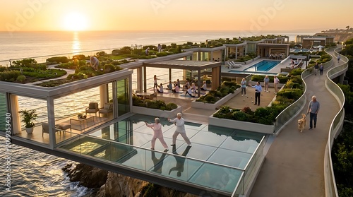 Active seniors at a luxury coastal wellness resort during sunset