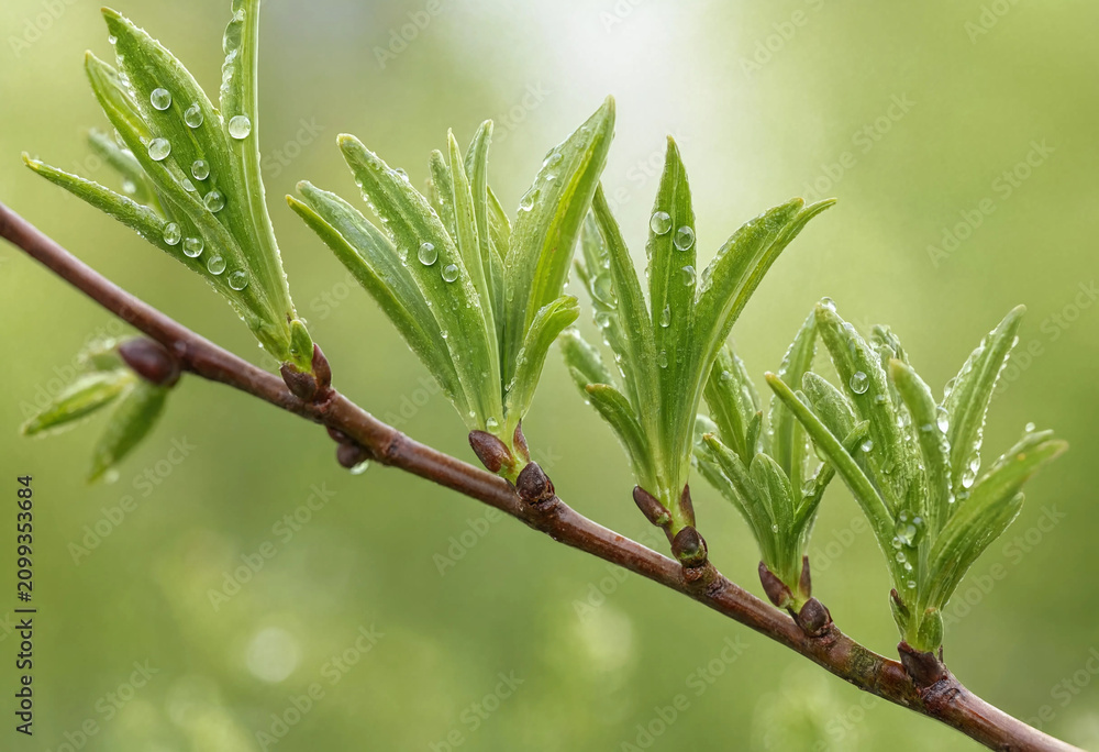 Obraz premium Fresh Green Tree Leaves on a Branch Close Up with Young Spring Foliage and New Plant Growth Isolated on White Background Macro Nature Botanical Detail