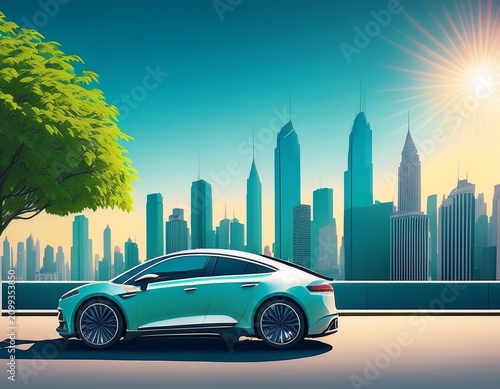 a serene cityscape featuring a modern car parked beside a lush tree with a vibrant skyline in the background under a clear blue sky