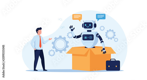 Businessman standing next to a large cardboard box from which a friendly robot is emerging to represent new technological help.