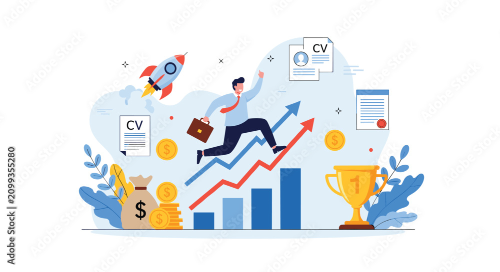 Naklejka premium Ambitious businessman jumping over obstacles towards career growth and success with professional icons in background.