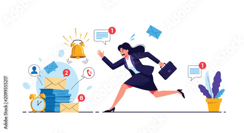 Stressed businesswoman running with a briefcase while being chased by ringing alarms, emails, and phone call notification icons.
