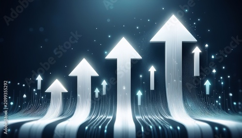 abstract 3d white business growth arrows pointing upward with glowing particles symbolizing financial success economic recovery and rising market trends