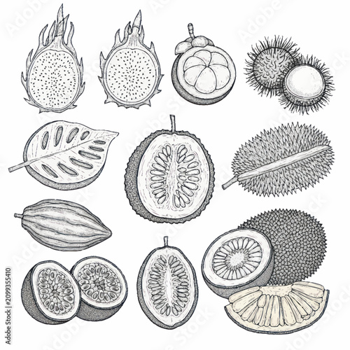 Illustrated Collection of Exotic Tropical Fruits and Seeds.