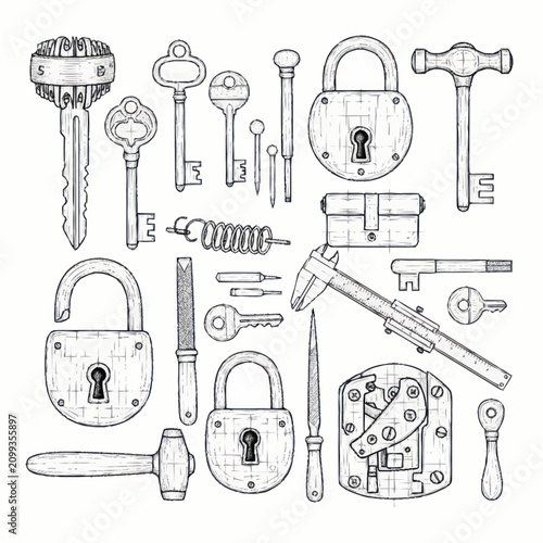 Vintage Locks Keys and Tools Black and White Illustration.