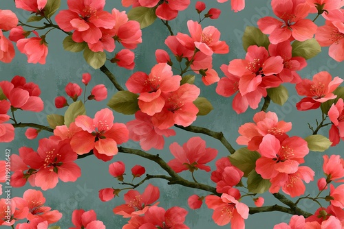 Cherry blossom flowers in bright colors on a green background create a lively pattern in a spring scene