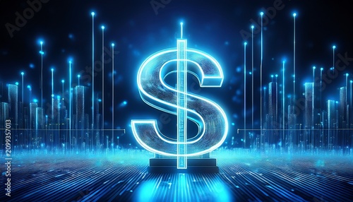 banking analysis concepts a glowing digital dollar sign surrounded by blue light effects symbolizing finance and technology