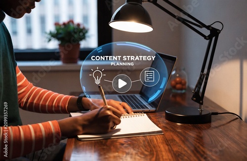 Person Planning Content Strategy On Laptop With Digital Overlay For Marketing Concepts