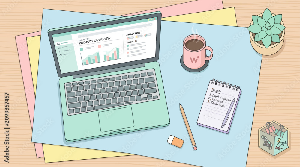 Obraz premium A clean, flat design illustration depicting a modern desktop workspace with essential items like a laptop and coffee cup, set against a subtle, layered paper background.