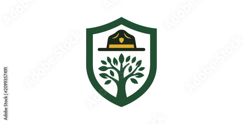 Ranger Hat and Tree Shield Emblem Vector