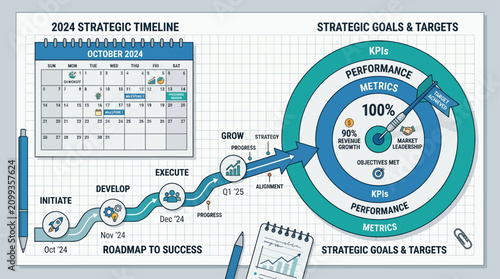 A corporate flat design illustration for strategic planning, featuring a calendar, roadmap, and dartboard on a clean, grid-patterned paper background.