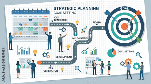 A corporate flat design illustration for strategic planning, featuring a calendar, roadmap, and dartboard on a clean, grid-patterned paper background.