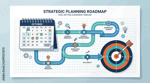 A corporate flat design illustration for strategic planning, featuring a calendar, roadmap, and dartboard on a clean, grid-patterned paper background.