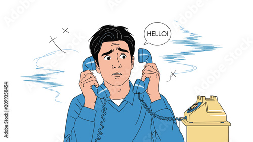 Stressed and confused man talking on two landline phones at the same time representing multitasking and communication overload.