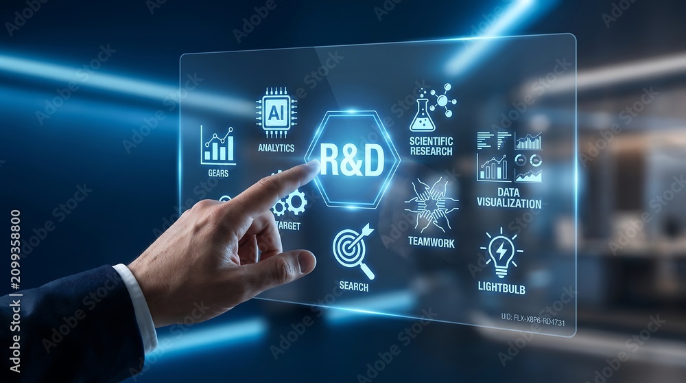 Fototapeta premium Futuristic Research and Development RD Digital Interface with Businessman Hand Touching Innovation Technology Dashboard