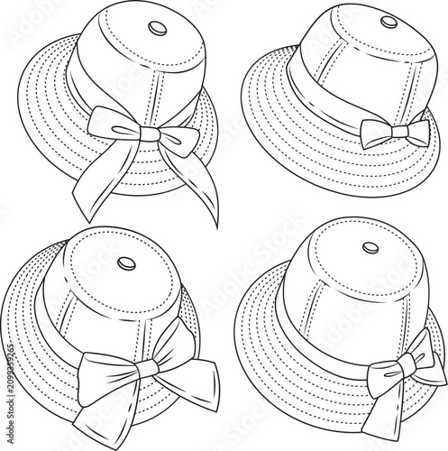 Fotografie Four stylish widebrimmed hats with decorative bows and adjustable sizing details