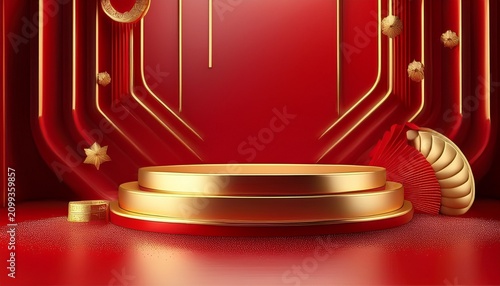 red background with gold podium red and gold podium pedestal product display generative ai