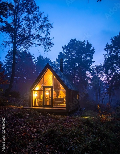 Cozy Cabin in the Woods at Dusk: A charming A-frame cabin nestled amidst a dense forest, its windows aglow with warm light against the deepening twilight sky.