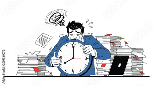 Overworked businessman feeling stressed and pressured while holding a large clock surrounded by piles of documents.