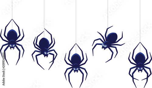 Fotografi Five hanging spiders with blue bodies and white eyes, isolated on a white backgr