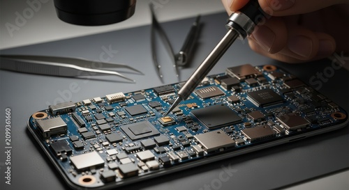 Hand repairing circuit board.