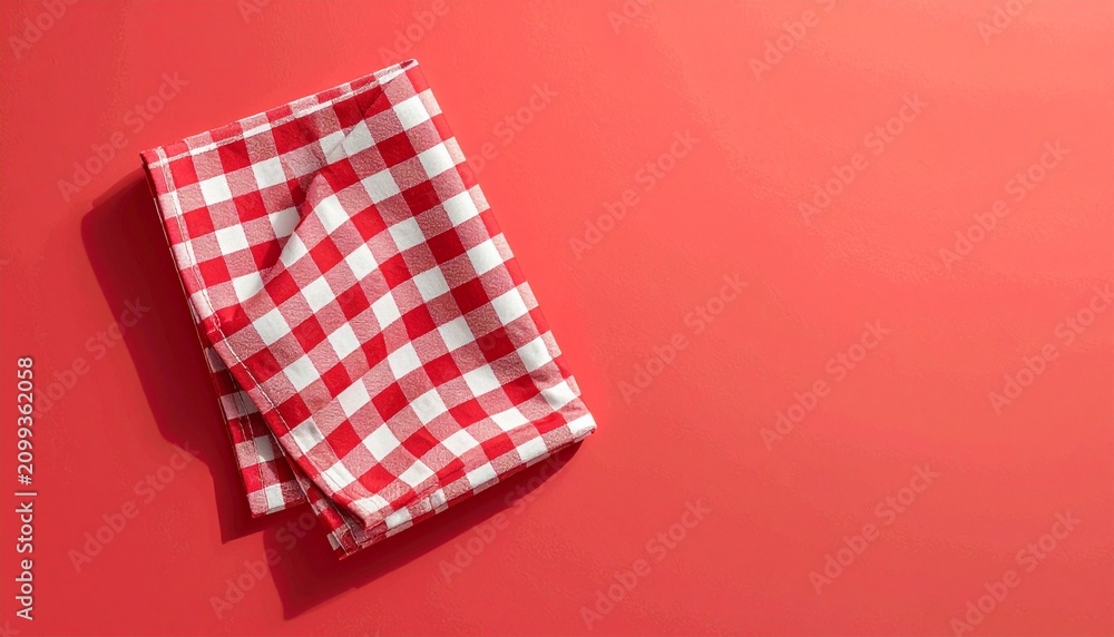 Fototapeta premium Red and White Checkered Gingham Napkin on Red Background with Copy Space