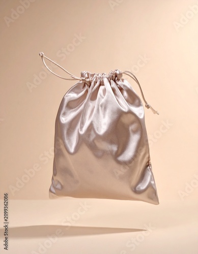 Shimmering Silk Pouch: A delicate, shimmering silk drawstring pouch floats gracefully, its lustrous fabric catching the soft light against a subtle, warm-toned background.