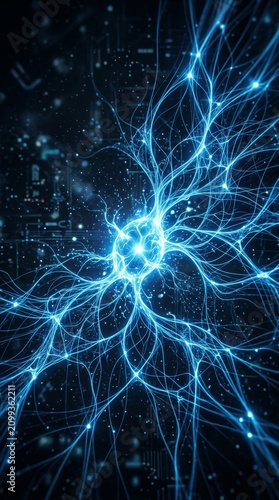 Digital lightning storm with electric energy visualization. Abstract neural network for technology and innovation projects