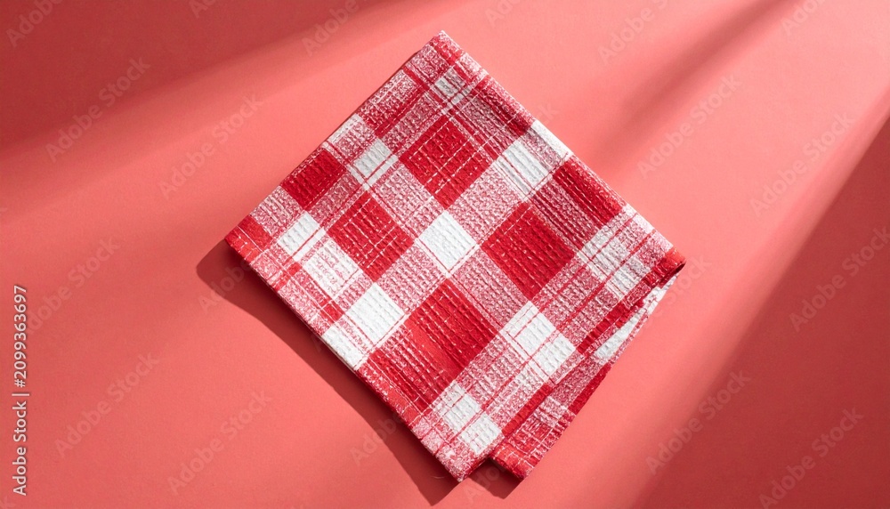 Obraz premium Red and White Checkered Kitchen Towel on Coral Background with Sunlight Shadows Flat Lay
